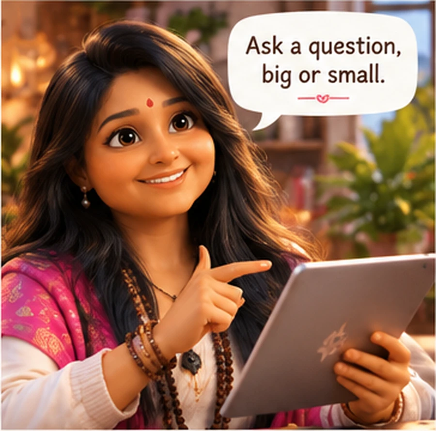 Devi researching on a tablet